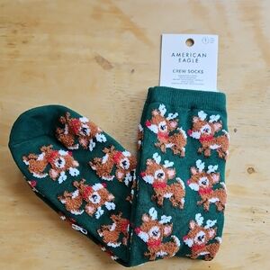 American Eagle Outfitters Green Crew Socks with Reindeer Design